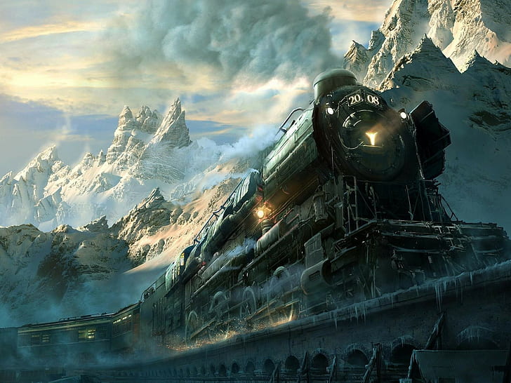 train, mountains, steam locomotive, artwork