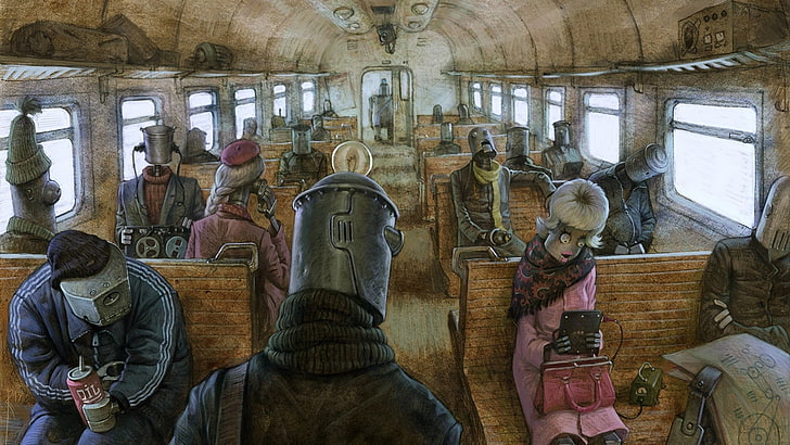 people inside bus illustration, artwork, robot, steampunk, depressing, HD wallpaper