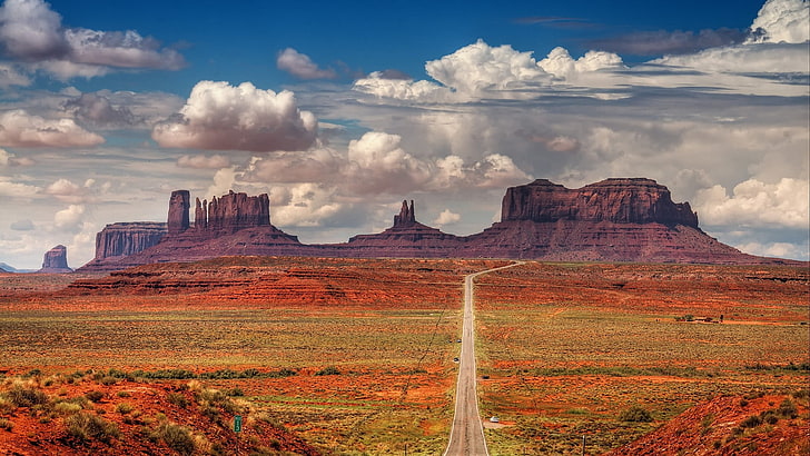 Monument Valley, rock formation, desert, clouds, landscape