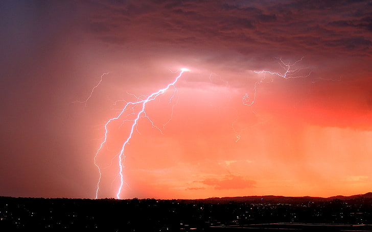 lightning, storm, nature, landscape, clouds, sky, orange, city lights, HD wallpaper