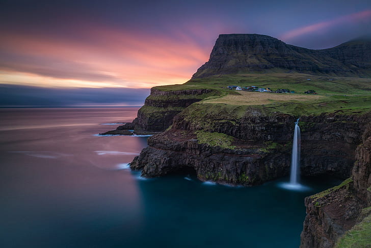Hd Wallpaper Faroe Islands Waterfalls Rock Mountain Atlantic Ocean Wallpaper Flare