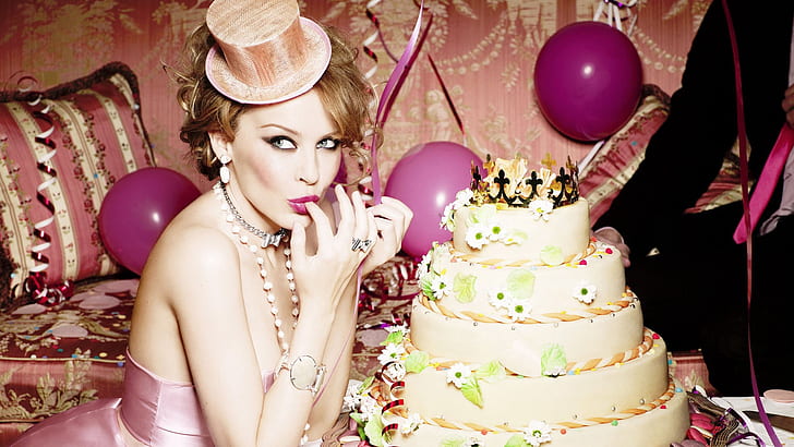 kylie minogue, celebration, cake, balloons, dress