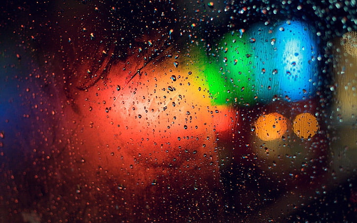 water moist on glass, lights, rain, macro, water drops, colorful