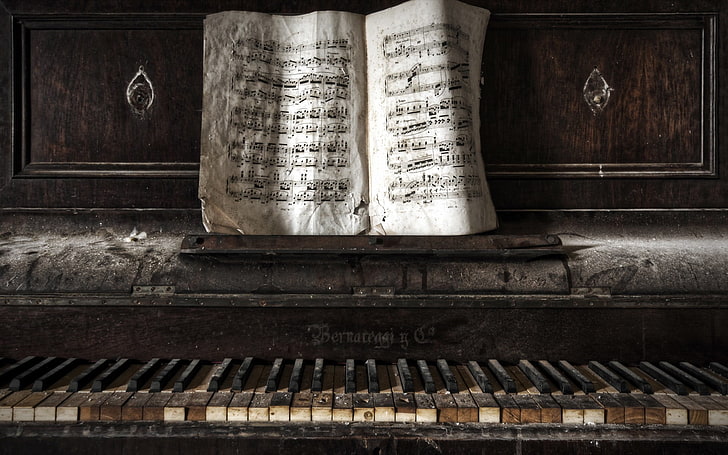 brown wooden upright piano, old, paper, abandoned, musical equipment