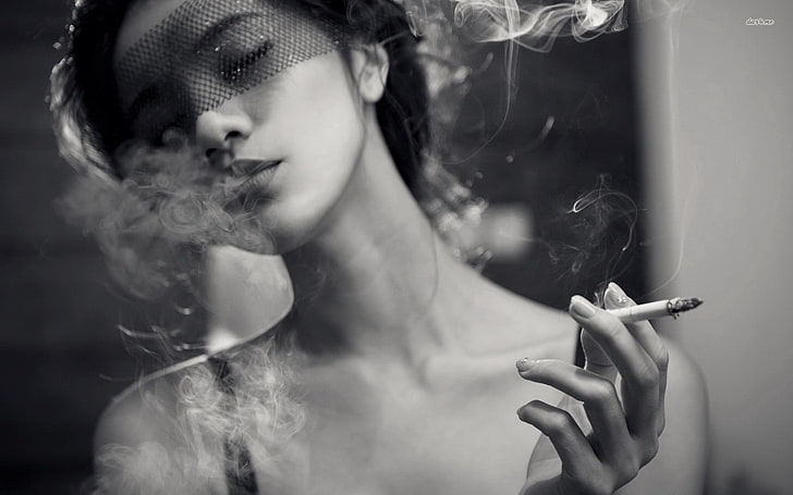 women, smoking, cigarettes, monochrome, veils, closed eyes