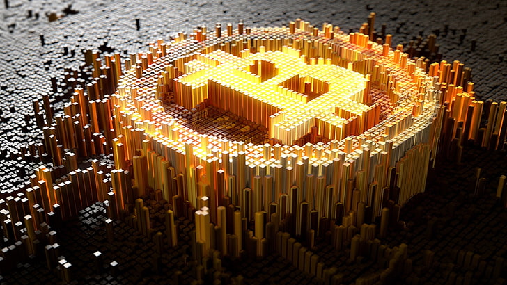 Bitcoin, money, 3D, no people, large group of objects, illuminated