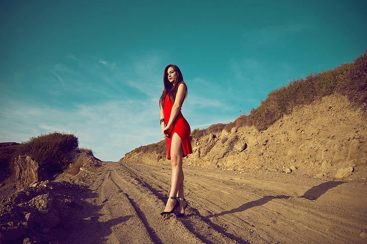Women, Model, Red Dress, High Heels, Brunette, HD wallpaper