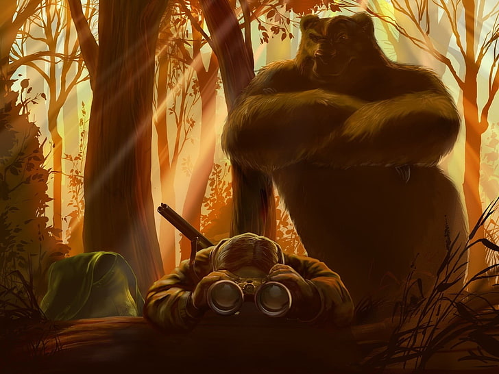 brown bear facing man using binoculars illustration, humor, dark humor