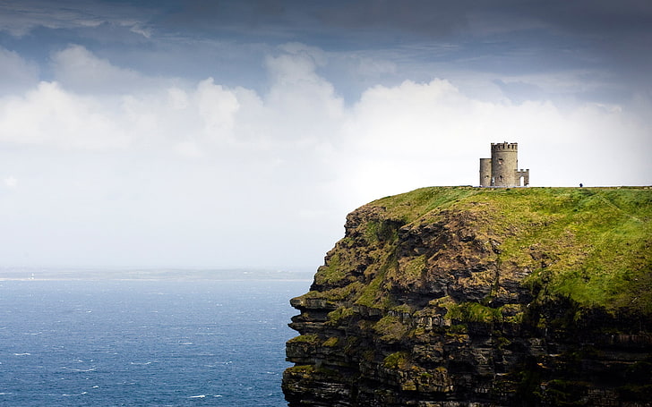 brown bricked tower, sea, rock, Ireland, Galway Bay, O'Brien's Tower, HD wallpaper