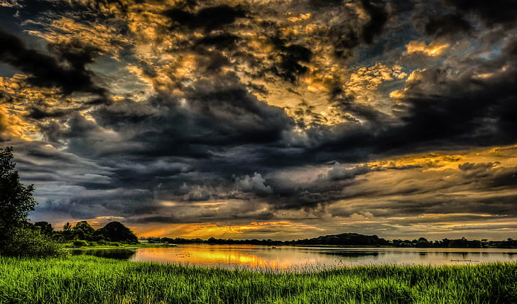 body of water below gray clouds, End of days, landscape, dramatic, HD wallpaper
