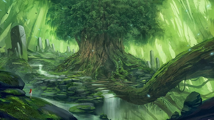 green leafed tree illustration, fantasy art, anime, green color