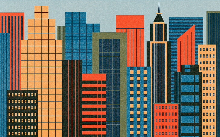 beige, red, blue, and multicolored building illustration, digital art