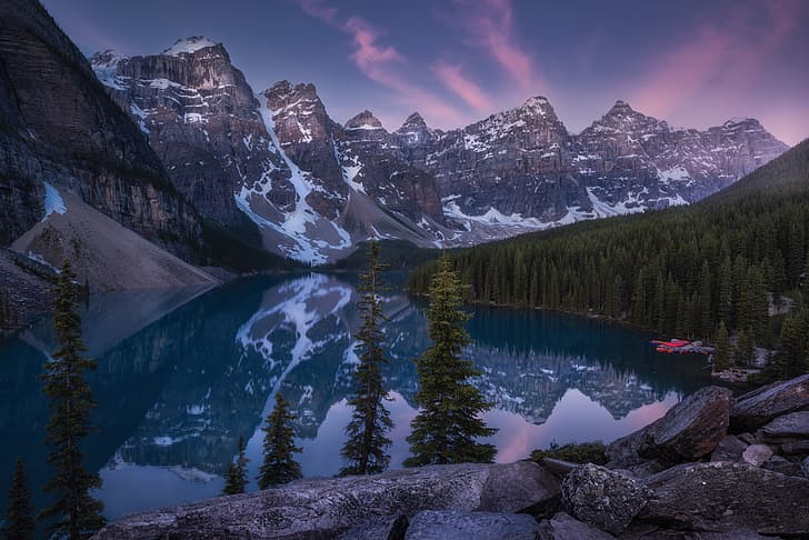 forest, mountains, lake, reflection, dawn, morning, Canada