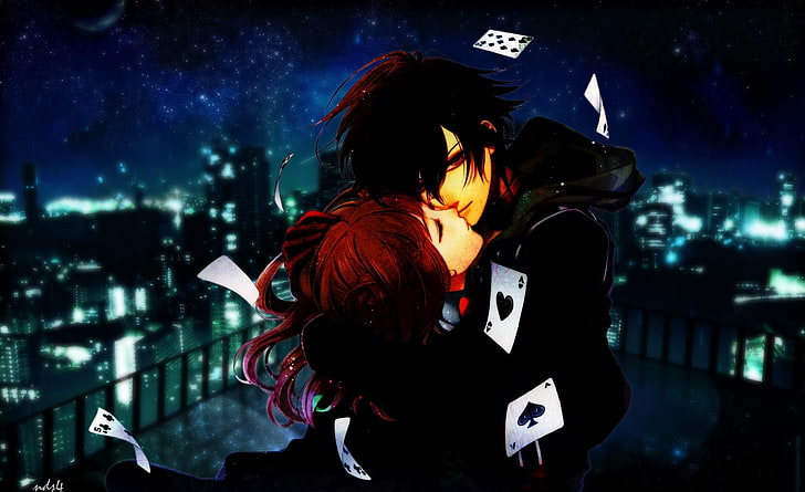 Hd Wallpaper Love Artistic Anime Night Cards Romantic Kiss