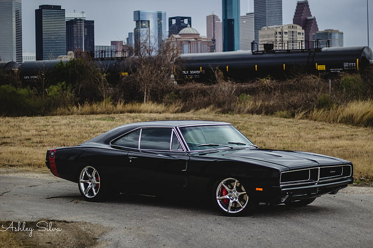 black Dodge Charger coupe, muscle cars, watermarked, land Vehicle