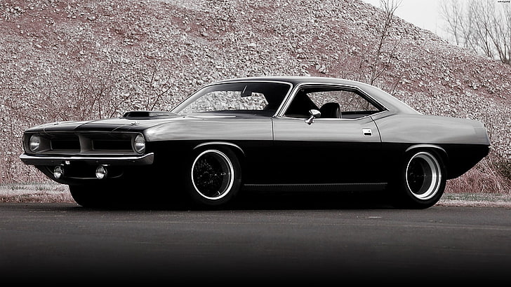 black Dodge Challenger coupe, car, muscle cars, Plymouth, Hemi Cuda, HD wallpaper