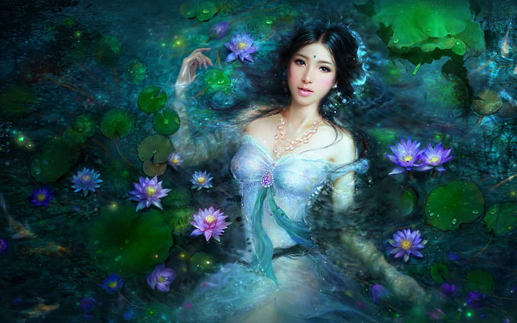 Beautiful Asian girl in lotus pool, woman in river with lilypads cgi, HD wallpaper