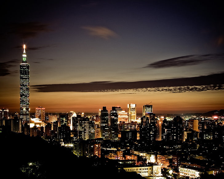 Taipei, city, city lights, cityscape, sunset, skyscraper, building exterior