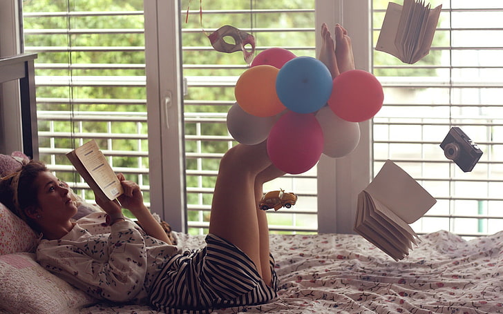 women, balloon, floating, reading, bed, window, books, barefoot