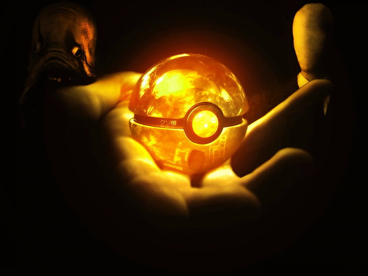 hands, Pokémon, ball, dark, glowing, HD wallpaper