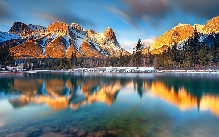 Canada, Alberta, Canmore, lake, mountains, trees, morning, lake near mountains, HD wallpaper