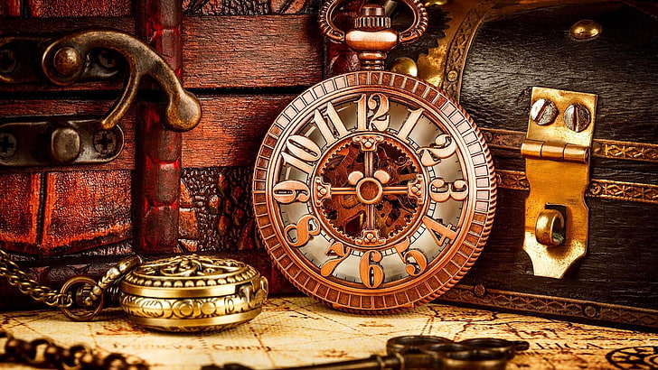 antique, wood, clock, treasure, pocket watch, vintage, map, HD wallpaper