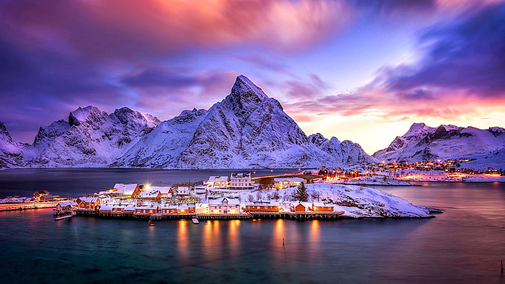 lofoten islands, mountain, mountains, snow, winter, city lights, HD wallpaper