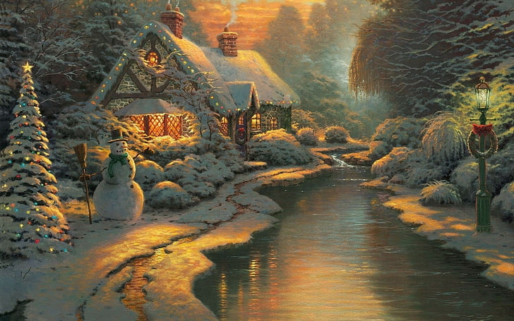 riverside cabin illustration, Christmas, postcard, Thomas Kinkade