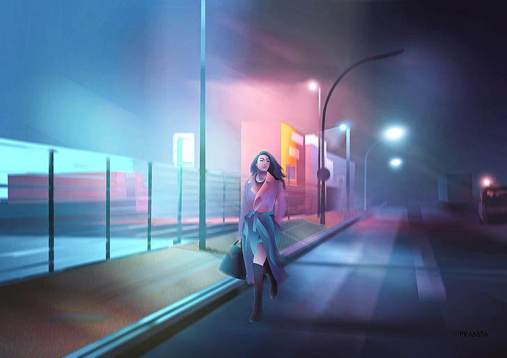 city, girl, alone, cyberpunk, painting, digital art, illustration