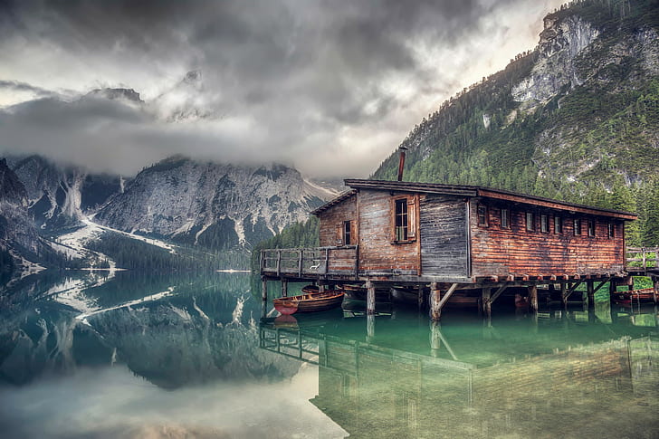 Lake Braies, boat, mountains, reflection, HD wallpaper