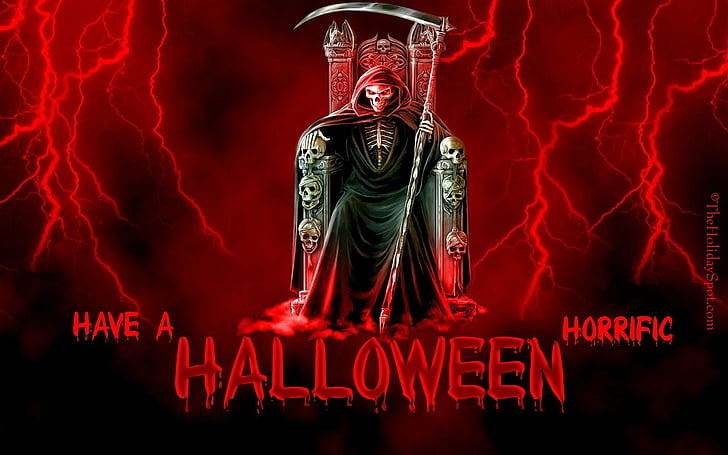 Holiday, Halloween, Grim Reaper, Lightning, Red, Scythe, Throne, HD wallpaper