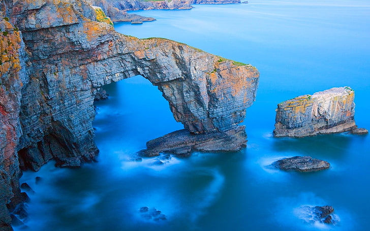 cliff, sea, Wales, coast, bridge, erosion, nature, cave, rock, HD wallpaper