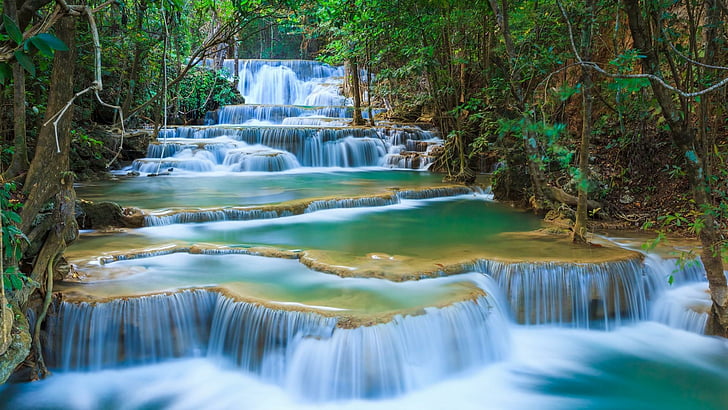 erawan waterfall, erawan national park, thailand, erawan falls, HD wallpaper
