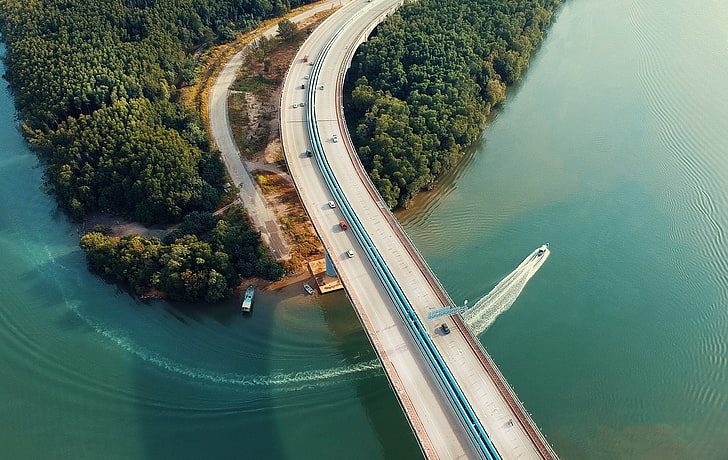gray concrete bridge, nature, landscape, aerial view, trees, car, HD wallpaper