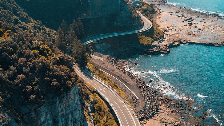 seaside highway, road, photography, coast, cliff, rocks, water, HD wallpaper