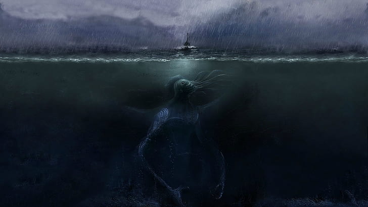 sea monsters, underwater, giant, artwork, creature, boat, HD wallpaper