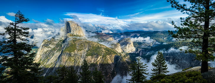 mountain cliff cover with clouds near trees landscape painting, washburn, yosemite national park, washburn, yosemite national park