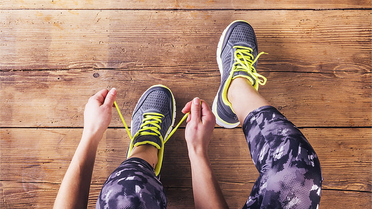 person wearing gray running shoes, lace, wood, purple, human leg, HD wallpaper