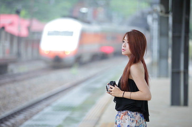 Asian, women, long hair, train station, camera, urban, redhead