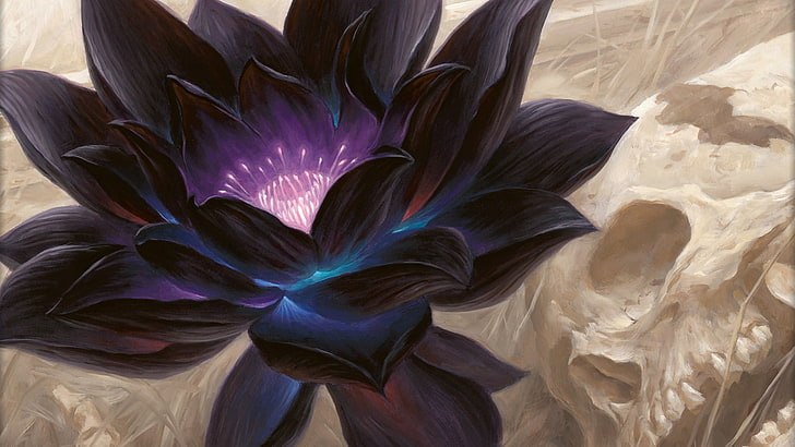 digital art, lotus flowers, skull, Magic: The Gathering, no people