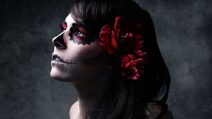 artwork, makeup, flowers, Dia de los Muertos, Sugar Skull, photography, HD wallpaper