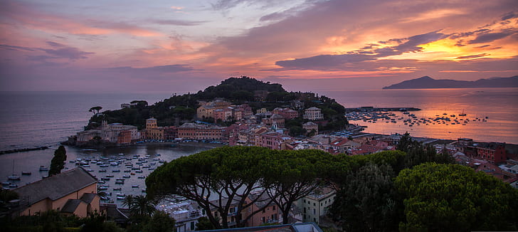 sea, sunset, coast, building, Italy, panorama, Bay, The Ligurian sea, HD wallpaper