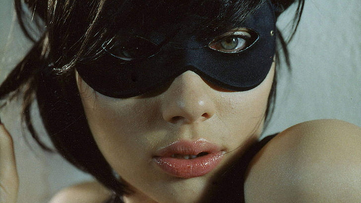 pink lipstick, Scarlett Johansson, mask, eyes, portrait, close-up, HD wallpaper