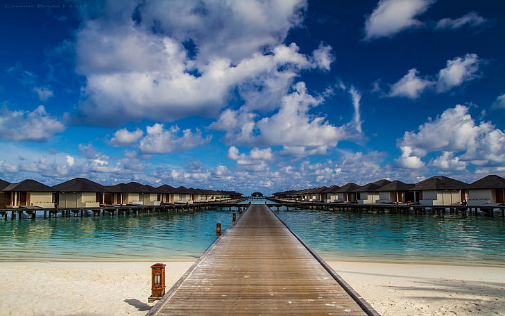 brown wooden dock, nature, landscape, beach, Maldives, resort, HD wallpaper