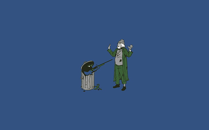 man and gray garbage can wallpaper, humor, low angle view, clear sky, HD wallpaper