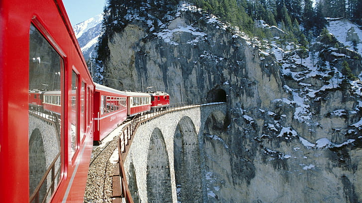 bridge, railway, Switzerland, train, snow, winter, trees, reflection, HD wallpaper