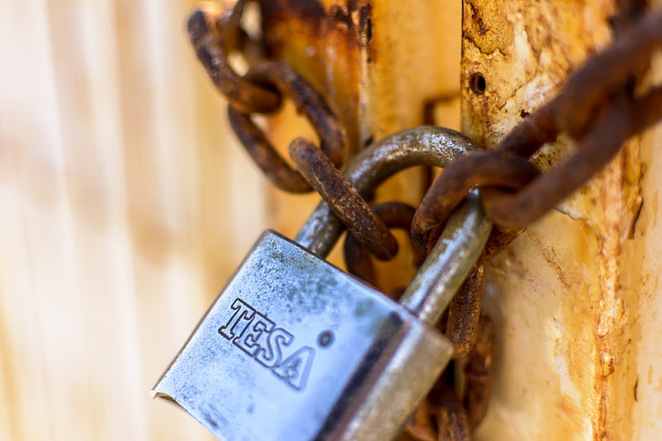 gray Tesa padlock, chain, rust, security, safety, metal, closed, HD wallpaper