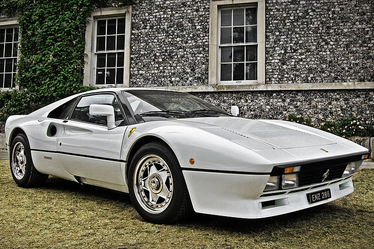 white Ferrari coupe, house, front, old, gto, 288, car, mode of transportation