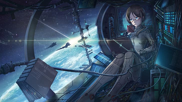 anime girls, astronaut, space, Earth, space shuttle, HD wallpaper