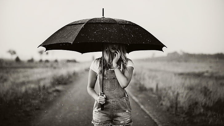 women's romper shorts, monochrome, umbrella, rain, overalls, model, HD wallpaper